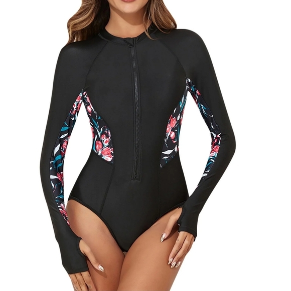 Floral Long Sleeve Rash Guard Women's 1 Piece Swimsuit Sz. L NWOT  Zip Front - Picture 1 of 8